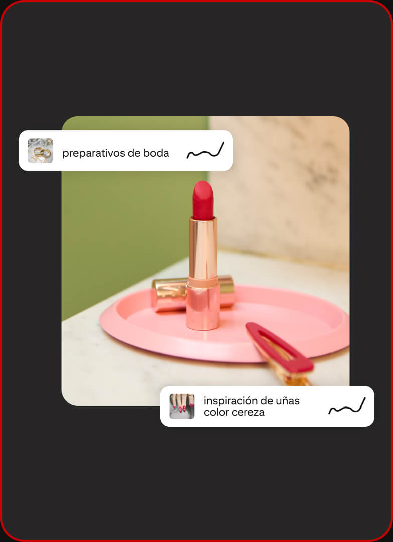 Se muestran gráficos de tendencias con las etiquetas “futuros planes de boda” e “inspiración para uñas color cereza” junto un lápiz labial rojo y una pinza para el cabello.