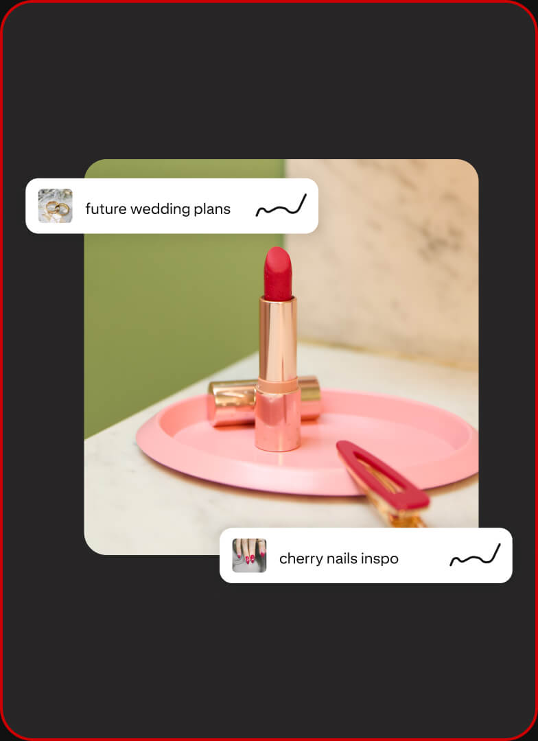 Trend graphs labelled ‘future wedding plans’ and ‘cherry nails inspo’ are shown next to red lipstick and a hair clip