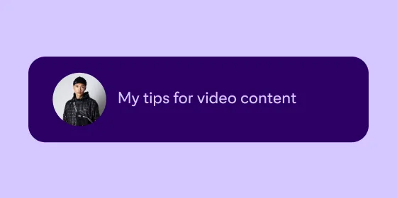  Mørk lilla profilknapp av en asiatisk mann med teksten "Mine tips for videoinnhold" på en lys lilla bakgrunn.