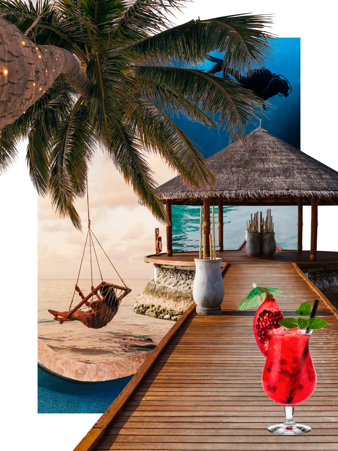 Collage of resort-themed items: Scuba diver swims. A bohio. Palm trees. A pomegranate cocktail on a wooden dock.
