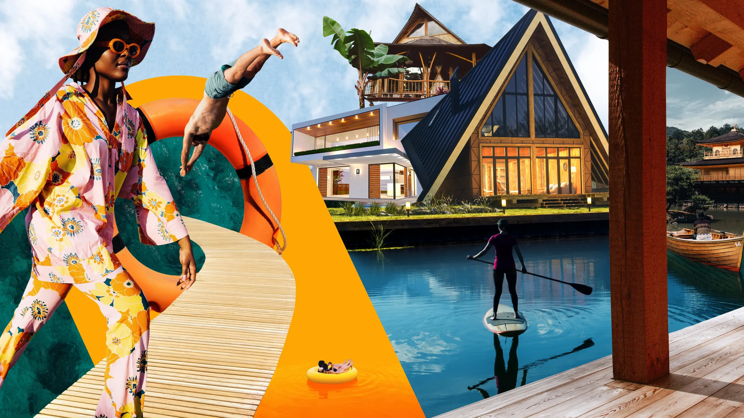 Colourful collage of lake-themed items. A Black woman, wearing a pink and floral lake outfit, is on the left, next to a boardwalk and a diver jumping through an orange circle into the water. An A-frame boat house is in the centre, behind a paddleboarder on a lake. A roofed dock with post is on the right.