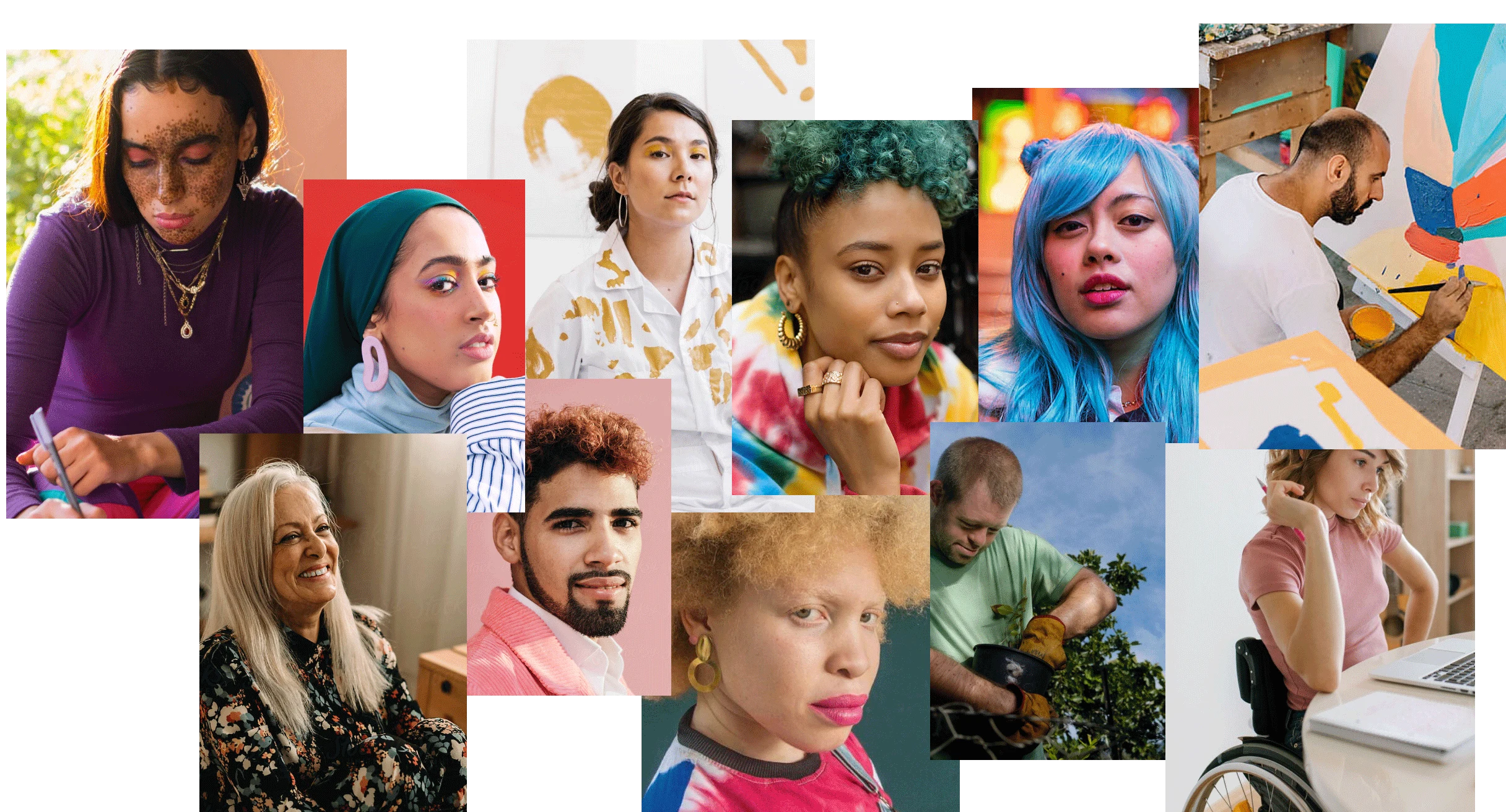 En collage af personer, der afbilleder forskellige racer, etniciteter, køn, aldre og fysiske tilstande