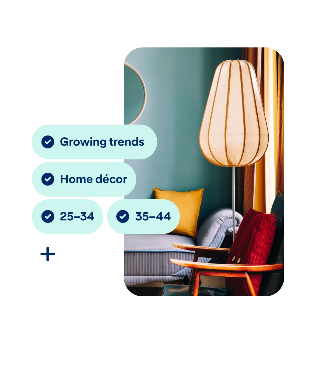 Pin of a cosy corner featuring a lamp, armchair and sofa, tagged with data filters such as â€˜Growing trendsâ€™, â€˜Home dÃ©corâ€™, â€˜25â€“34â€™ and â€˜35â€“44â€™.