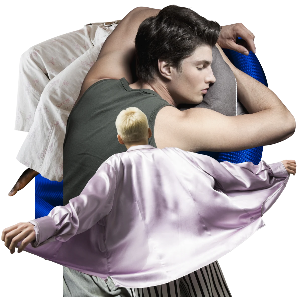 Collage of sleepwear and bedtime themes: A man in a dark grey tank top sleeps on a grey pillow, one arm resting on a blue yoga mat. A woman’s legs are shown in loose-fitting white pajama bottoms. A man in the foreground is holding open a light purple satin pajama top.