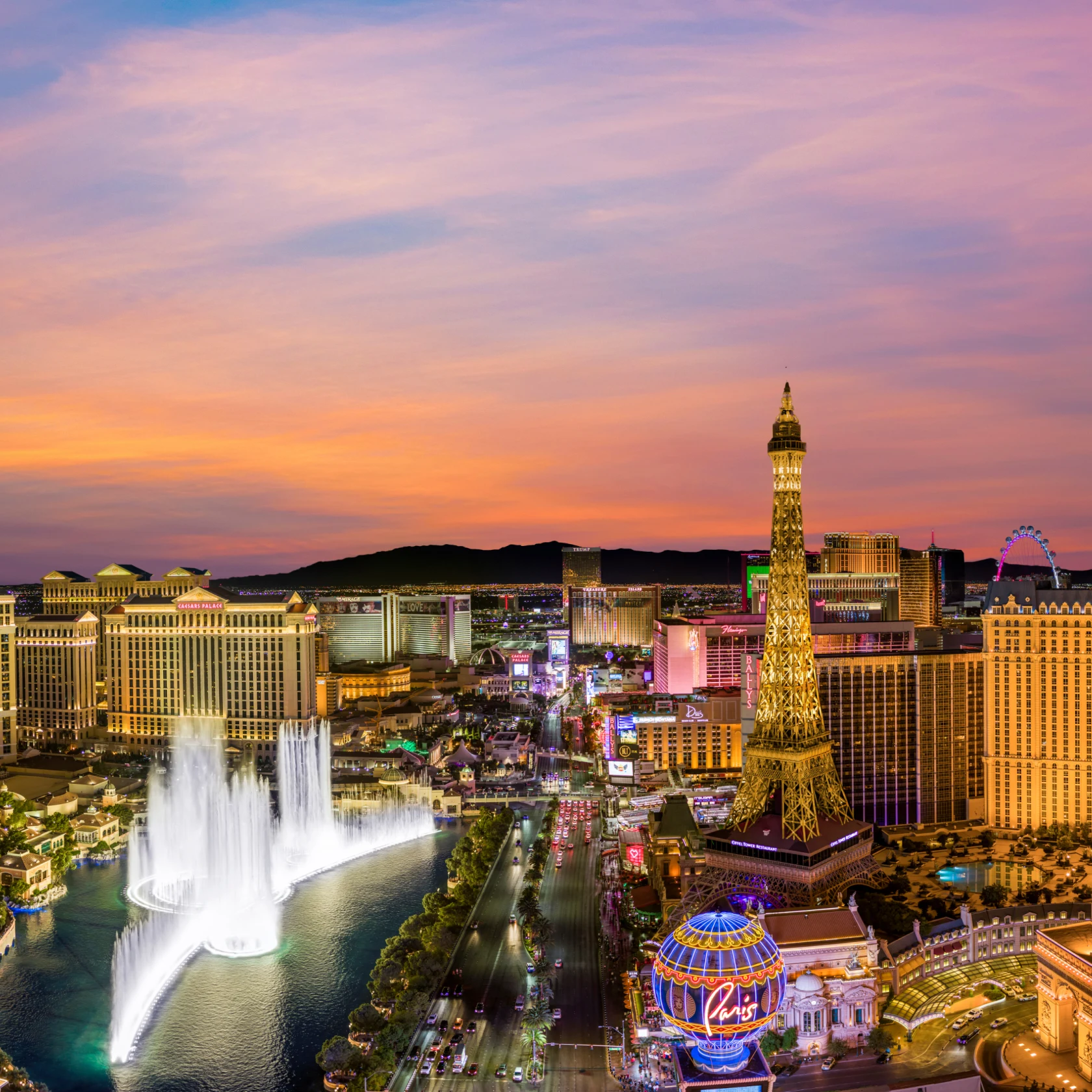 Distant overhead view of the Las Vegas Strip at sunset.

