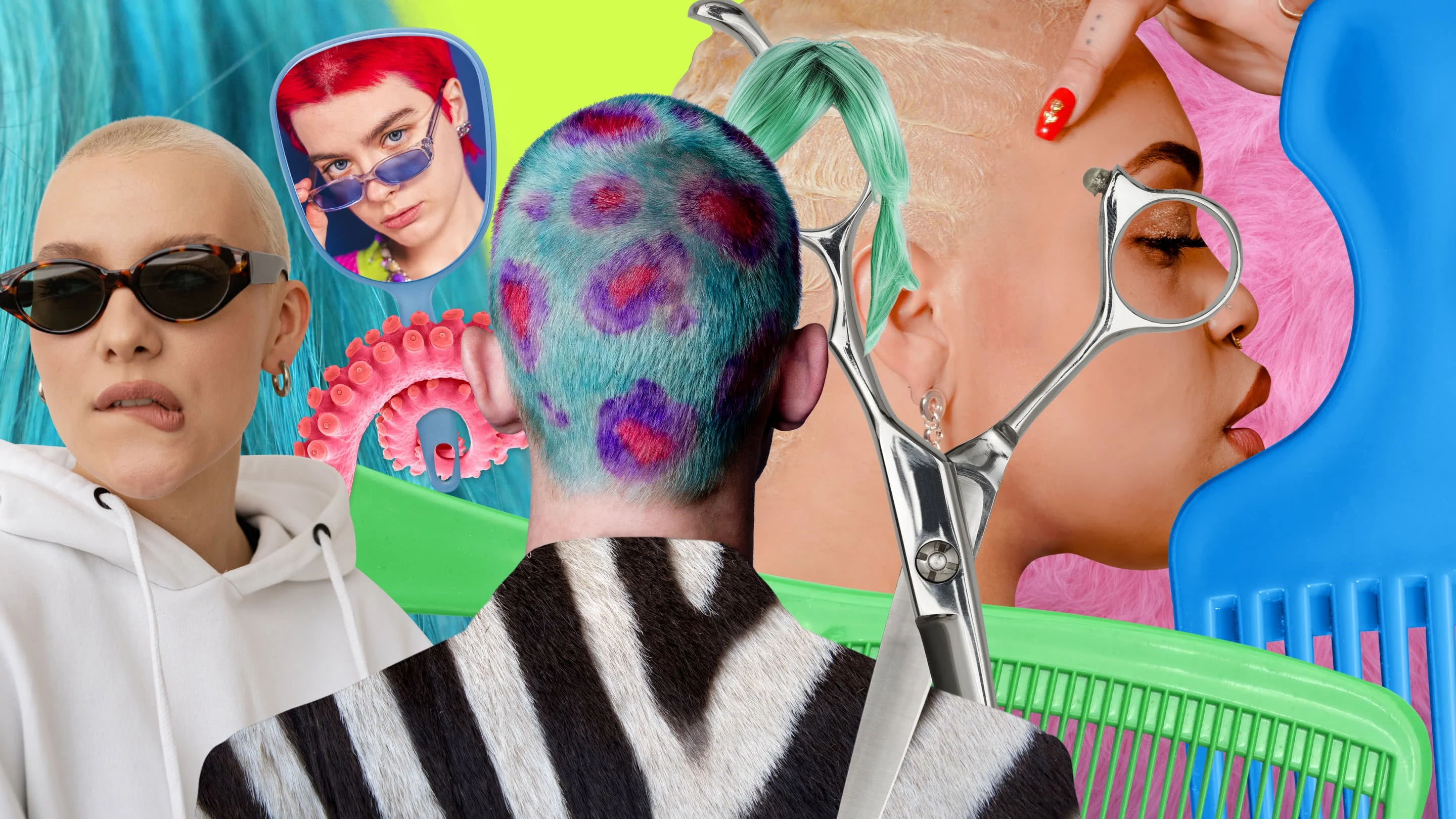 Eine Collage aus Frisuren und Stylingwerkzeug. Eine weiße Frau mit blondem Buzzcut. Ein Handspiegel, der eine weiße Person mit leuchtend rotem Haar zeigt. Die Rückseite eines Kopfes mit gefärbtem Leopardenmuster. Eine Schwarze Frau mit rasiertem Kopf. Kamm und Schere.