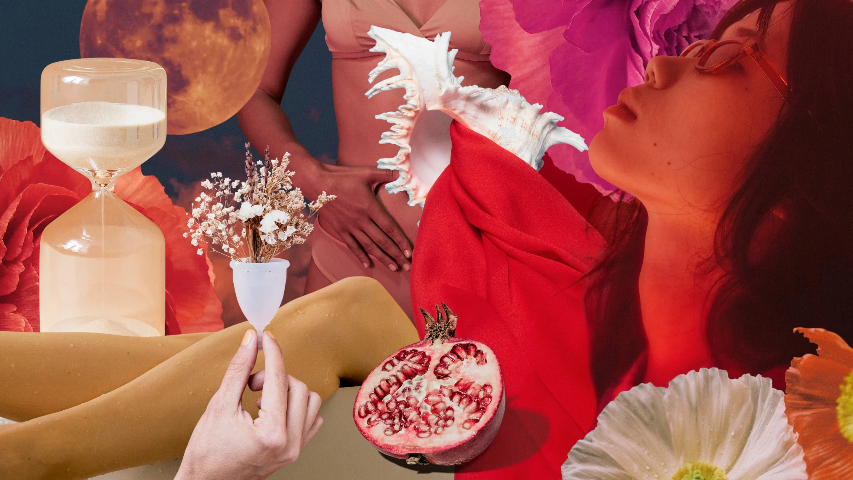 Colorful collage in shades of red. East-Asian woman in shades leans her head back on the right. Menstrual cup holds baby’s breath, open pomegranate on the bottom, glowing red moon on the upper left.