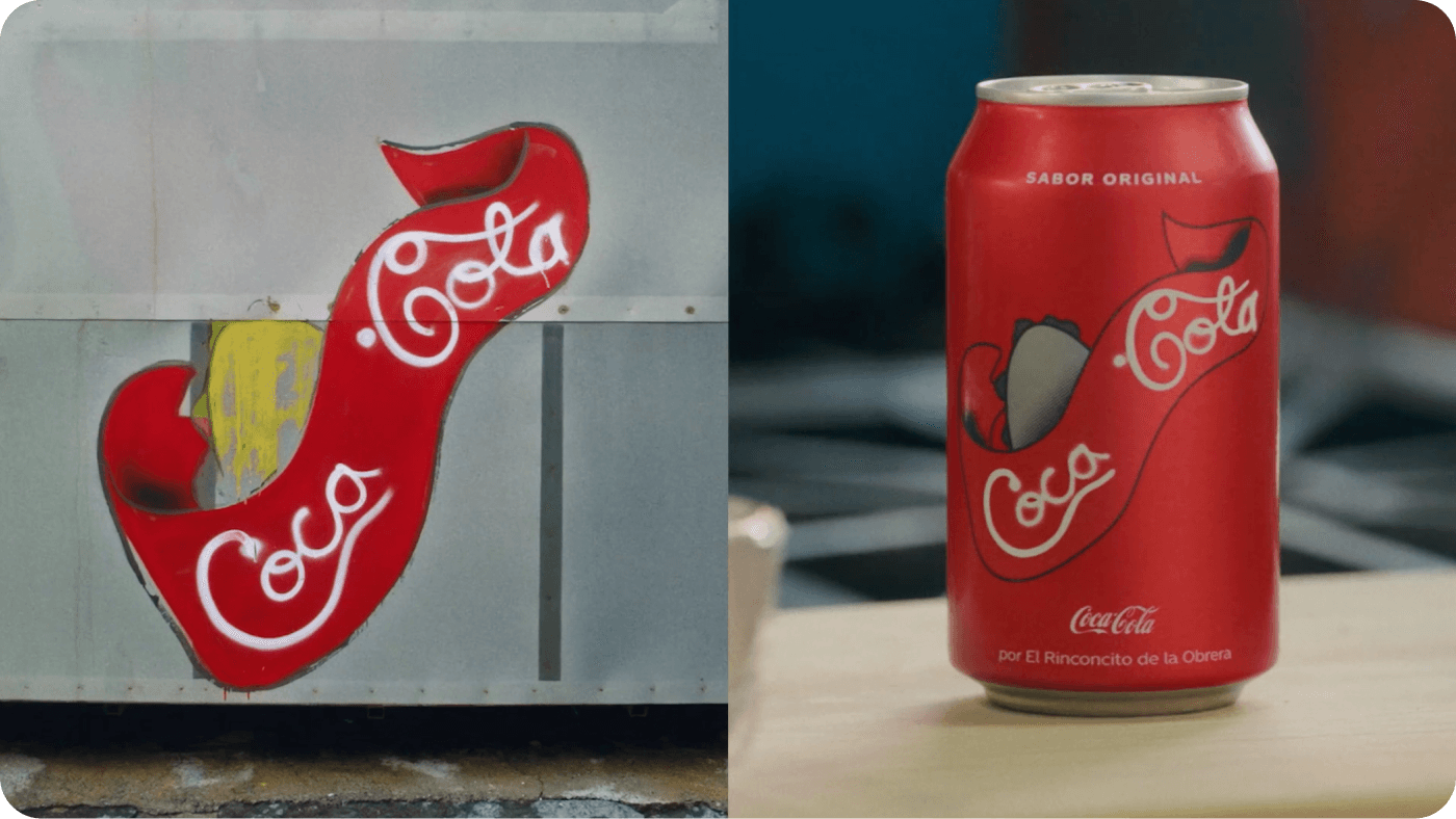 A photo of the Coca-Cola logo hand-painted on a wall, next to a photo of a  Coca-Cola can.
