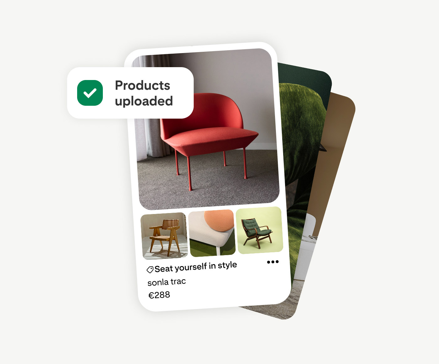 A Pinterest catalogue ad showing a red armchair priced at €288, with three additional chair thumbnails below. A "Products uploaded" confirmation badge appears in the top left, illustrating Pinterest's catalogue upload feature.