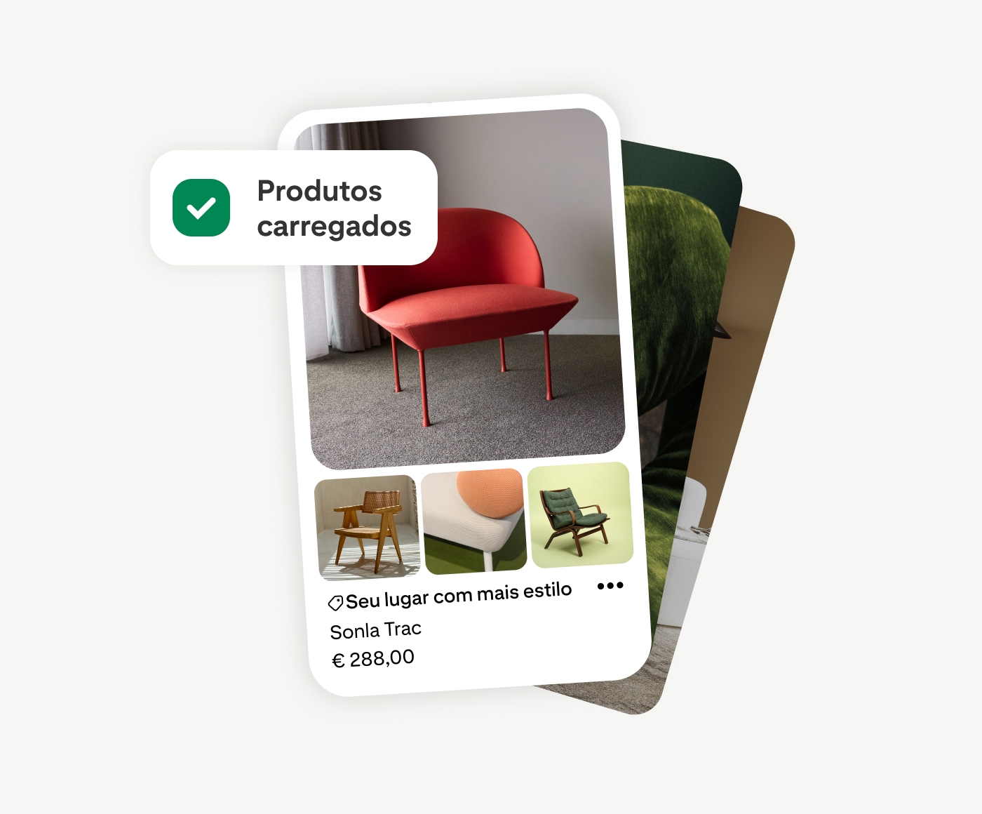Anúncio de catálogo Pinterest: poltrona vermelha por €288 com três miniaturas de cadeiras. Canto superior esquerdo: selo "Produtos carregados" — ilustra o recurso de upload de catálogo do Pinterest.