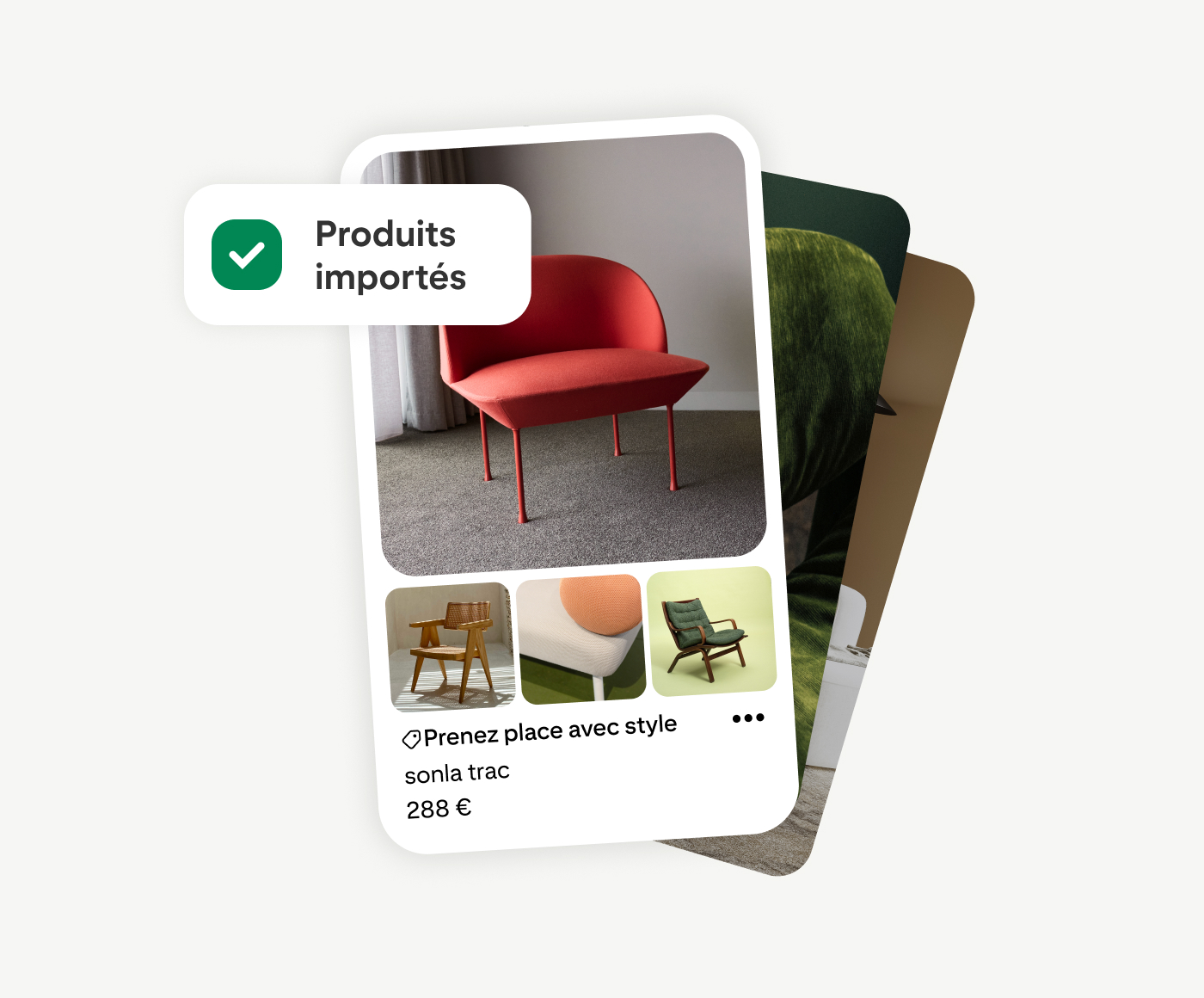 Annonce de catalogue Pinterest présentant un fauteuil rouge à 288 €, et trois vignettes supplémentaires en dessous. En haut à gauche, un badge de confirmation « Produits importés » illustre la fonctionnalité d’importation de catalogue sur Pinterest.