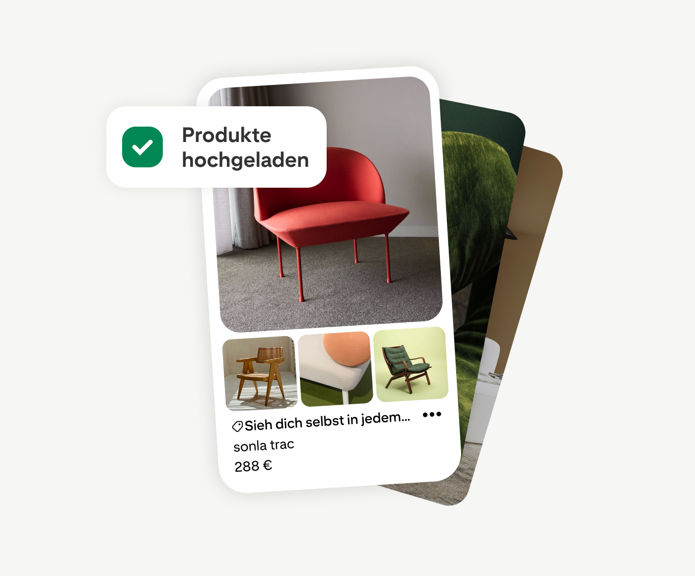 Pinterest-Katalog-Anzeige: roter Sessel für 288 € mit drei Stuhl-Vorschaubildern. Oben links: Bestätigungs-Badge „Produkte hochgeladen" – veranschaulicht die Katalog-Upload-Funktion von Pinterest.