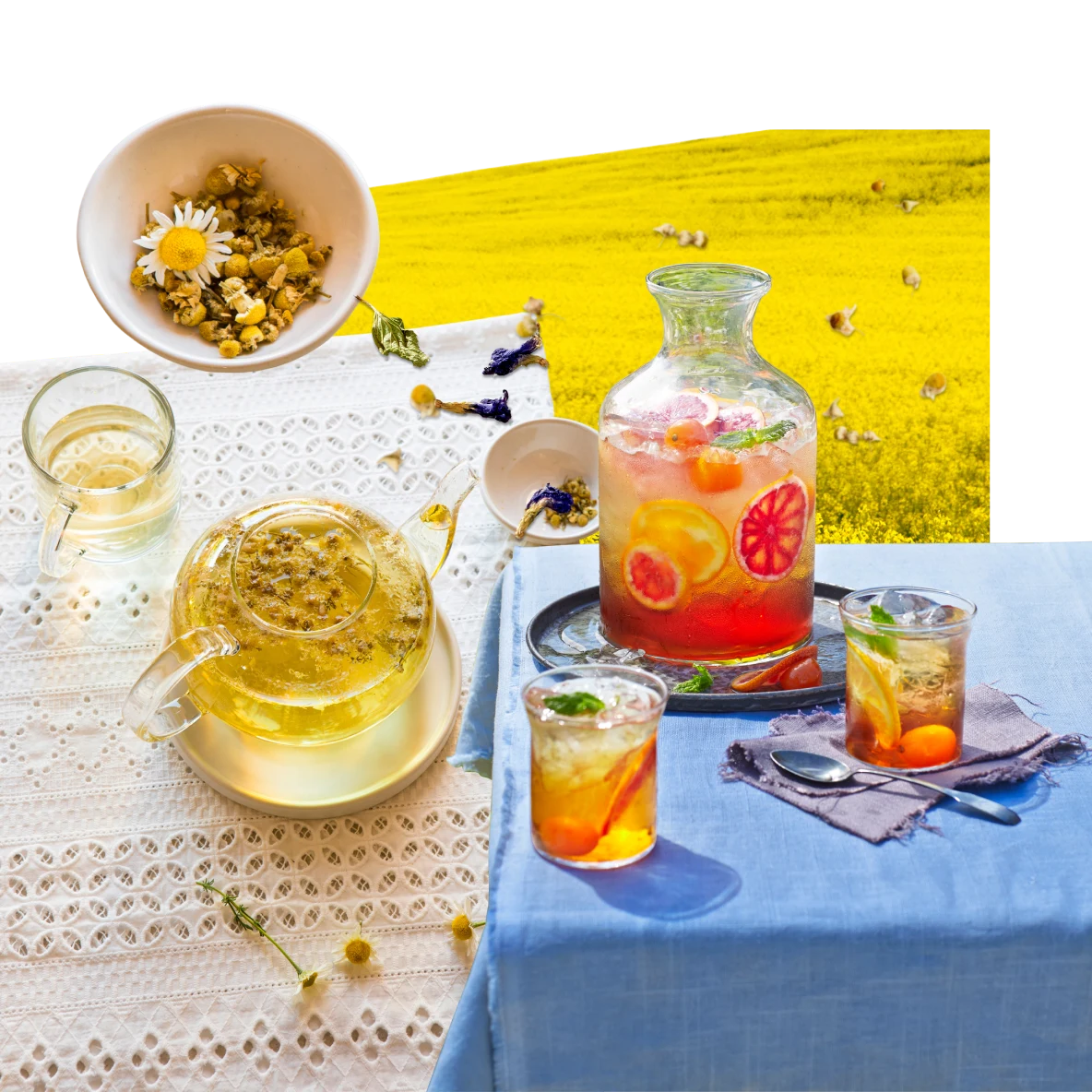Collage di oggetti per l'ora del tè. Caraffa di tè ghiacciato agli agrumi su una tovaglia blu e due bicchieri pieni di tè ghiacciato. Teiera in vetro con tisana accanto a un bicchiere di tè e a una ciotola con le foglie della tisana. Sullo sfondo, un campo di fiori gialli.