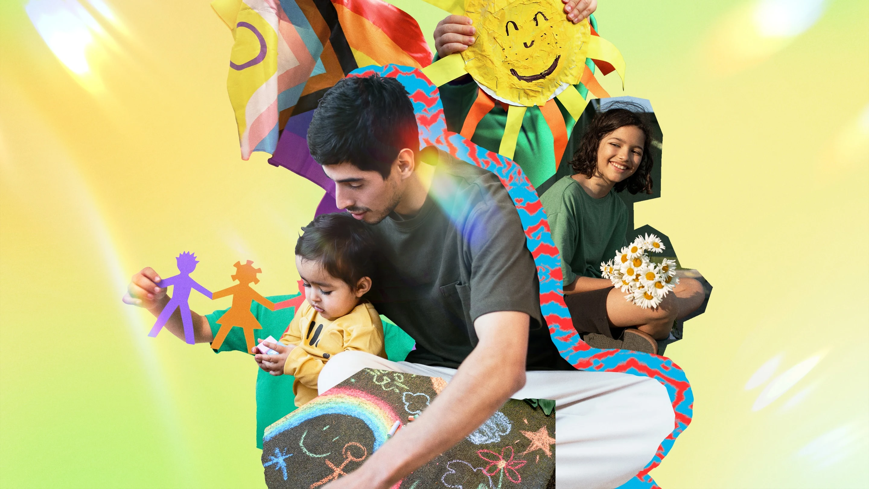 Colagem brilhante com a Bandeira Progressista do Orgulho LGBTQIA+ e, no centro, duas crianças latinas, bem como uma figura paterna desfrutando de artesanato e atividades.