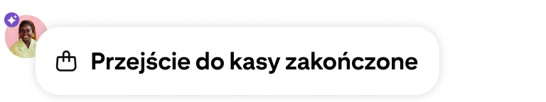 Powiadomienie o zakończeniu realizacji zamówienia z ikoną torby zakupowej, awatarem użytkownika i fioletową plakietką AI