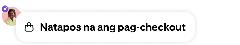 Isang notification para sa pagkumpleto ng pag-checkout na may icon ng shopping bag, avatar ng user, at purple na AI-powered badge