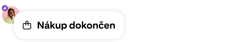 Oznámení o dokončení nákupu s ikonou nákupní tašky, uživatelským avatarem a fialovým odznakem AI-powered