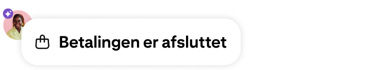 En notifikation om fuldført betaling med et ikon for en indkøbspose, en brugeravatar og et lilla AI-drevet badge
