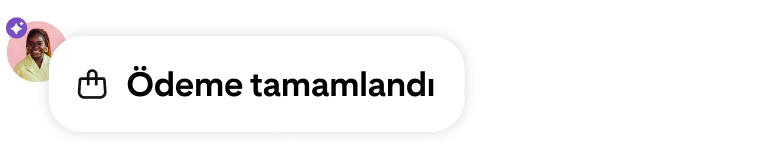 Alışveriş sepeti simgesi, kullanıcı avatarı ve mor renkli yapay zeka destekli bir rozet içeren ödeme işleminin tamamlandığına dair bildirim