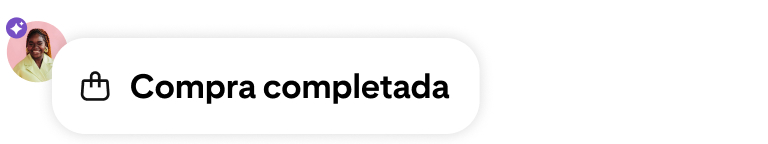 Notificación de compra completada con un ícono de bolso de compras, un avatar de usuario y una insignia morada de tecnología de IA