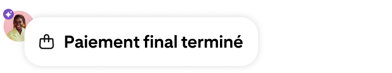 Notification d'achat validé avec une icône représentant un panier, un avatar d’utilisateur et un badge violet « Optimisé par l’IA ».