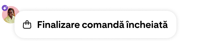 O notificare de finalizare a comenzii cu o pictogramă a coșului de cumpărături, un avatar de utilizator și o insignă mov bazată pe AI