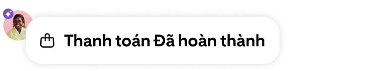 Thông báo hoàn tất thanh toán với biểu tượng giỏ hàng, hình đại diện người dùng và huy hiệu dựa trên AI màu tím