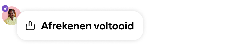 Een melding dat het afrekenen is voltooid met het symbool van een winkelmandje, een gebruikersavatar en een paarse badge voor AI-gestuurd materiaal