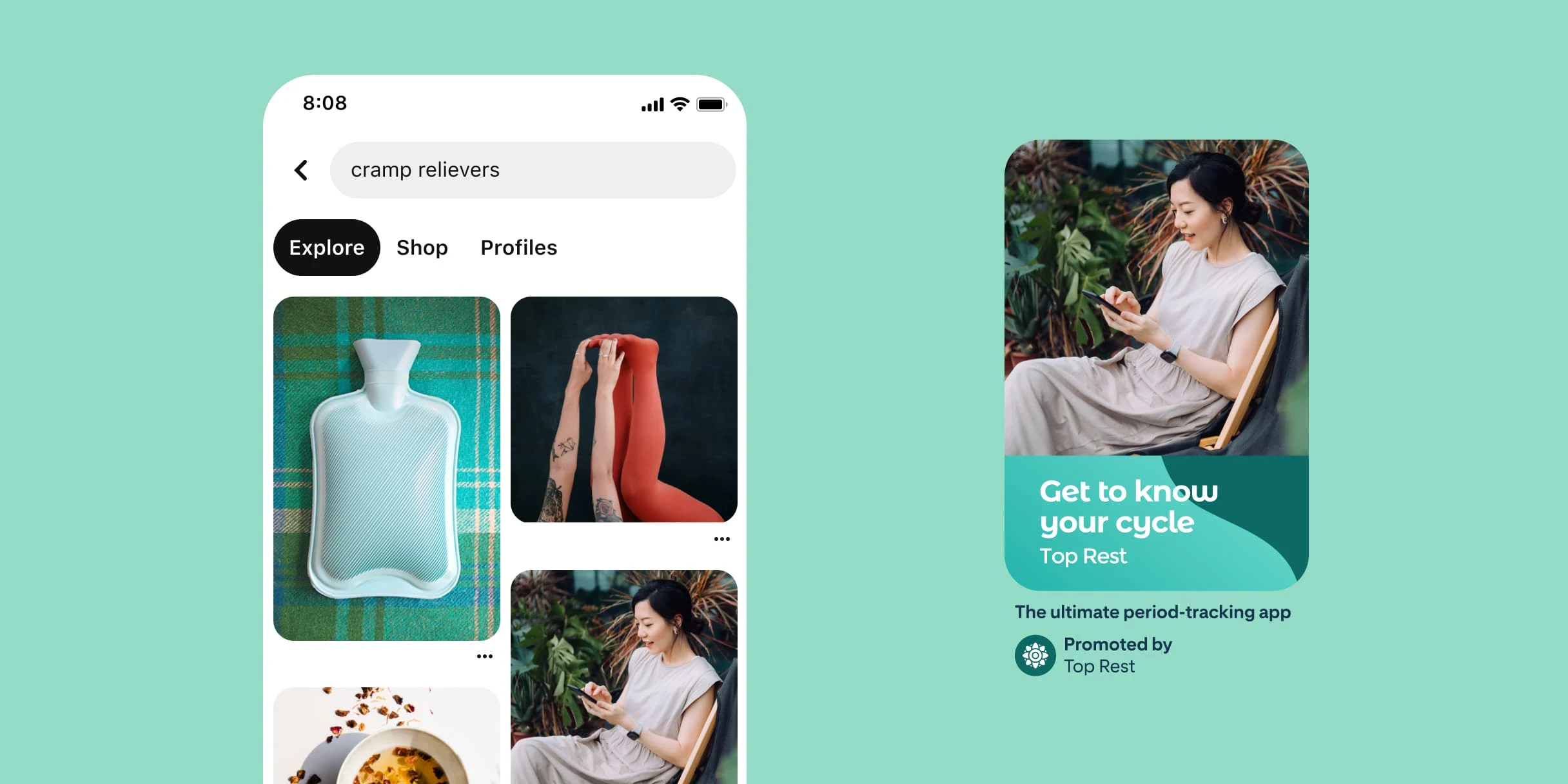 Pinterest search term for ‘cramp relievers’. A blue hot water bottle over a plaid pattern. A woman with arm tattoos and red leggings doing a dead bug pose. Aerial view of amber-coloured tea with loose tea leaves. A Pin showcasing an East Asian woman sitting outdoors while looking at her phone. The text reads, ‘Get to know your cycle’. The description underneath reads, ‘The ultimate period-tracking app’.