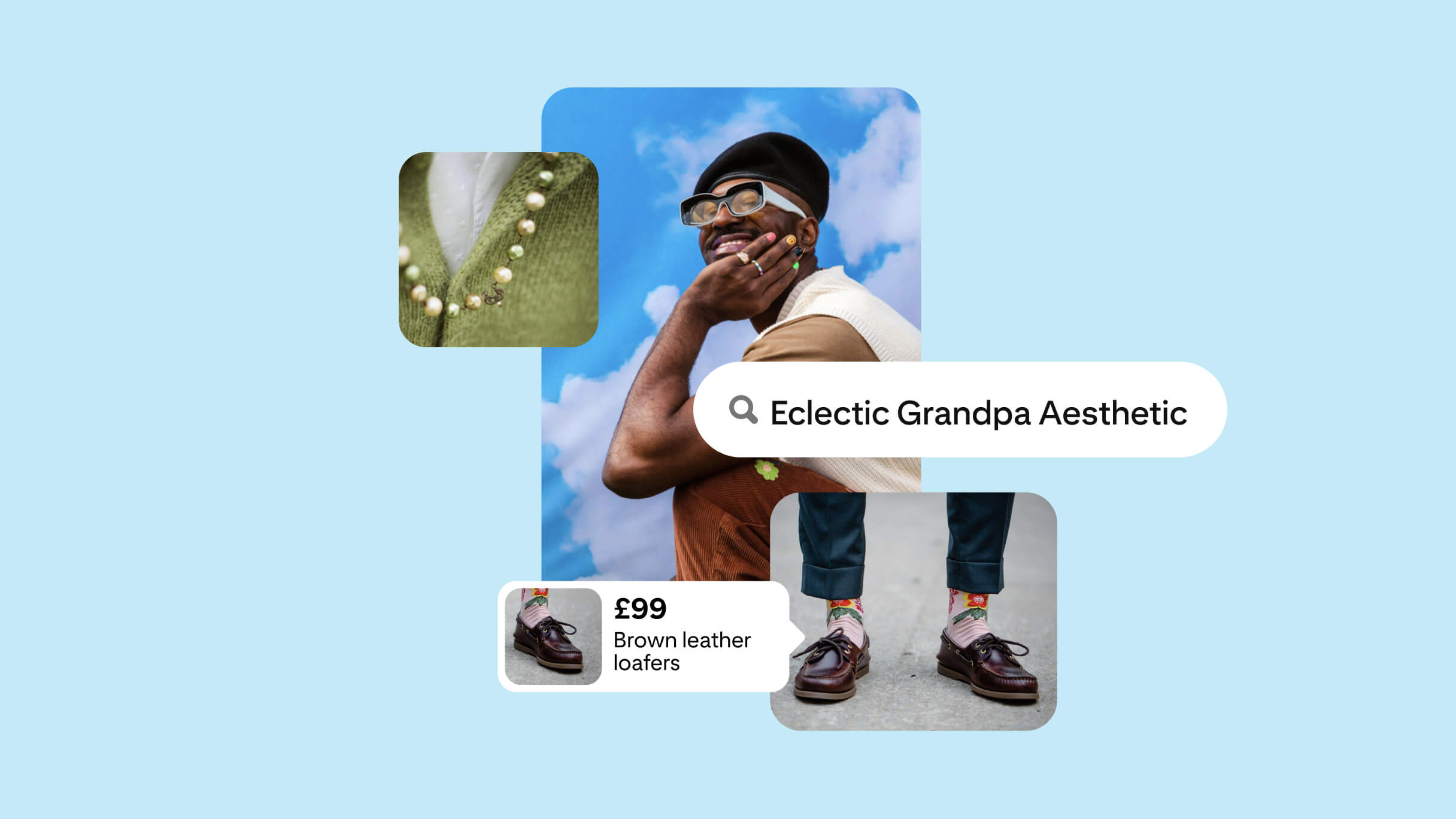 Collage for 'Eclectic Grandpa Aesthetic' on Pinterest. Main image: stylish man in cap and glasses smiling. Insets: pearl necklace, brown leather loafers priced at £99. Background is light blue.