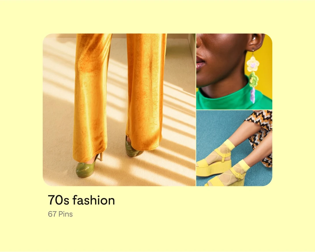 Pinterest board thumbnail featuring a pair of bright orange pants, a woman in yellow wedge sandals and a Black woman wearing dangly flower earrings.