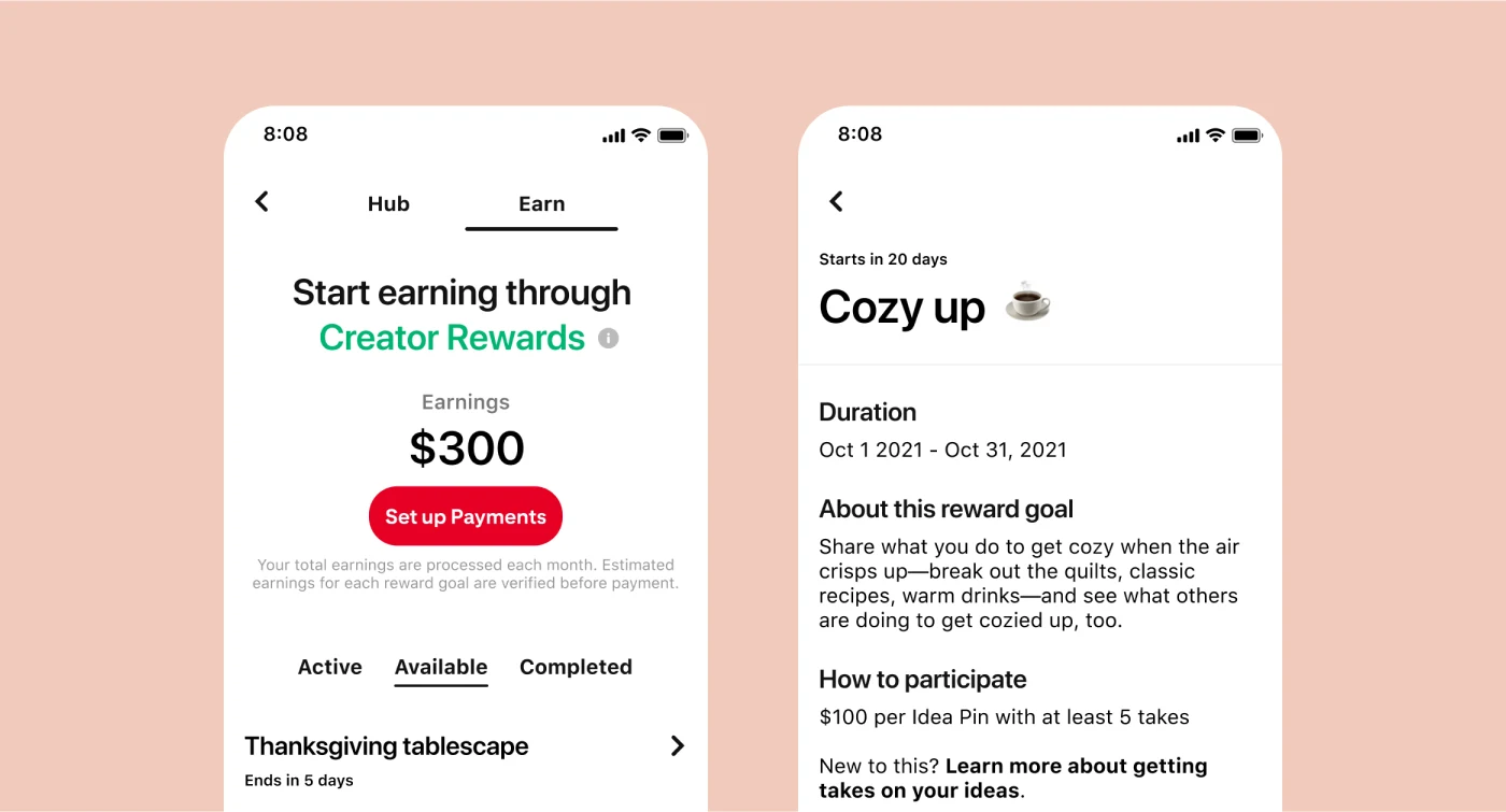 New earn tab for creator rewards, along with a tab view with detail of the ‘cozy up’ reward