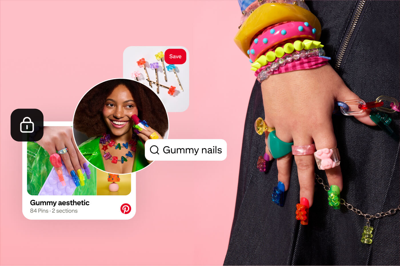 Images and text show accessories related to gummy nails and a gummy aesthetic.