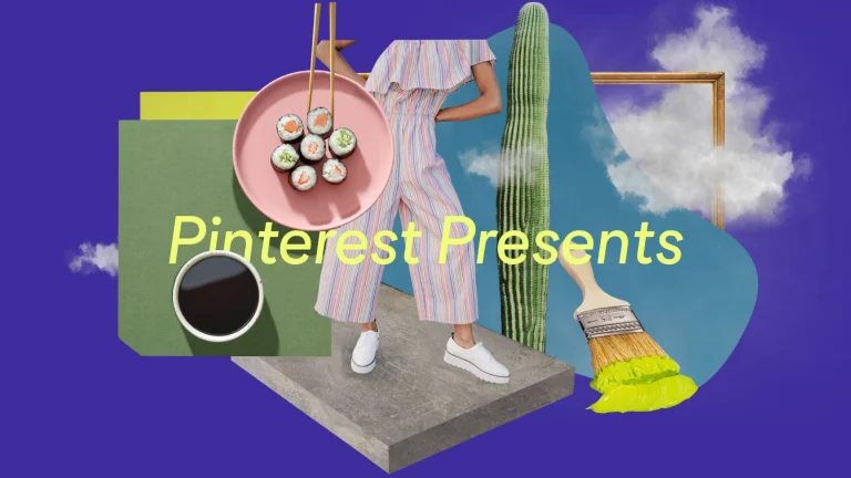 A Pinterest Presents website banner featuring a collage of images. Images include a woman in a linen jumper, sushi on a pink plate, a picture-less gold frame, the top view of a cup of coffee and dissipated clouds.