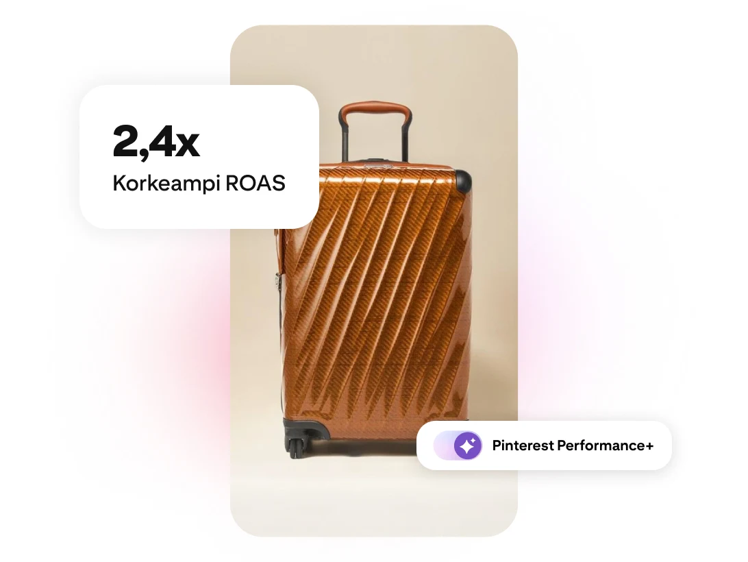 Ruskea kova matkalaukku, jossa on 2,4-kertaisen ROAS-arvon selite ja Pinterest Performance+ -selite