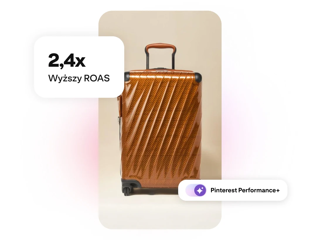 Brązowa walizka z etykietami „O 2,4% wyższy ROAS” i „Pinterest Performance+”