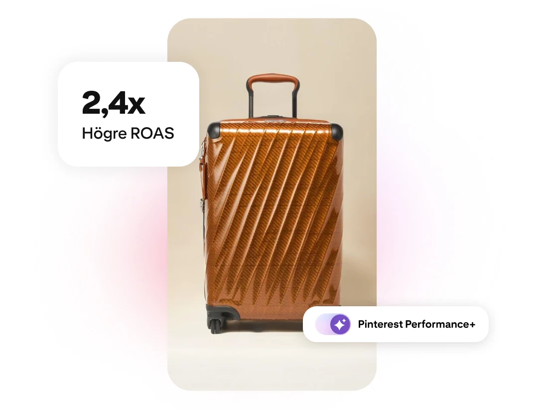 En brun hård resväska med en etikett för 2,4× högre ROAS och en Pinterest Performance+-etikett
