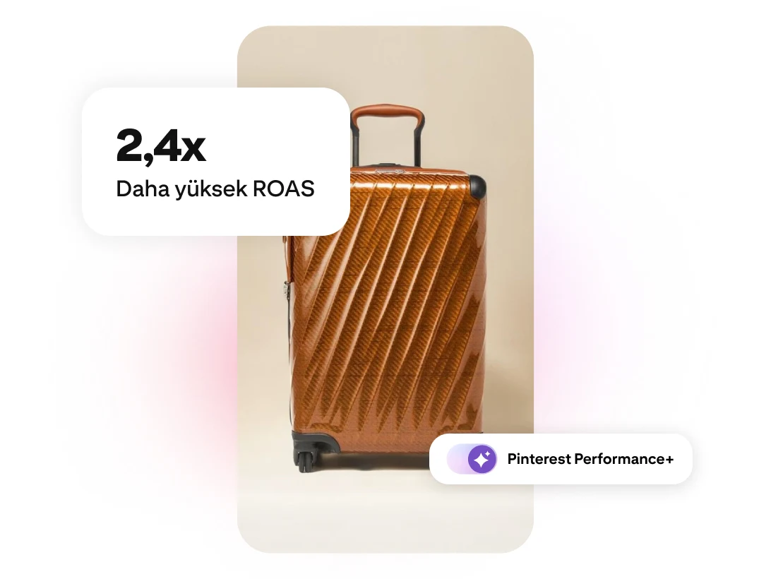 Üzerinde 2,4 kat daha yüksek ROAS değeri ve Pinterest Performance+ etiketi bulunan kahverengi sert kılıflı bir bavul