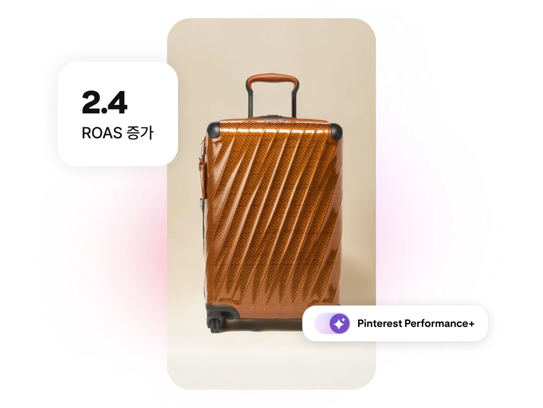 갈색 하드셸 캐리어, ROAS 2.4배 향상 레이블과 Pinterest Performance+ 레이블이 함께 있는 이미지