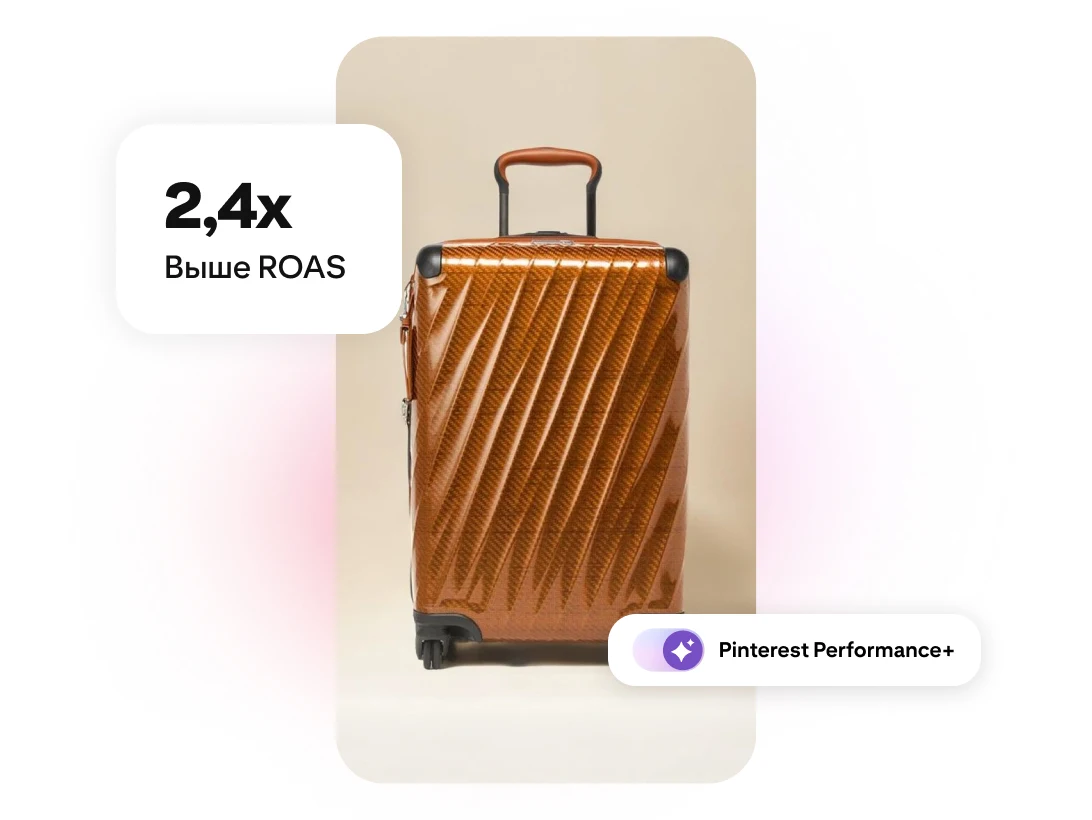 Коричнева валіза з твердим корпусом із позначками «ROAS у 2,4 раза вищий» та «Pinterest Performance+»