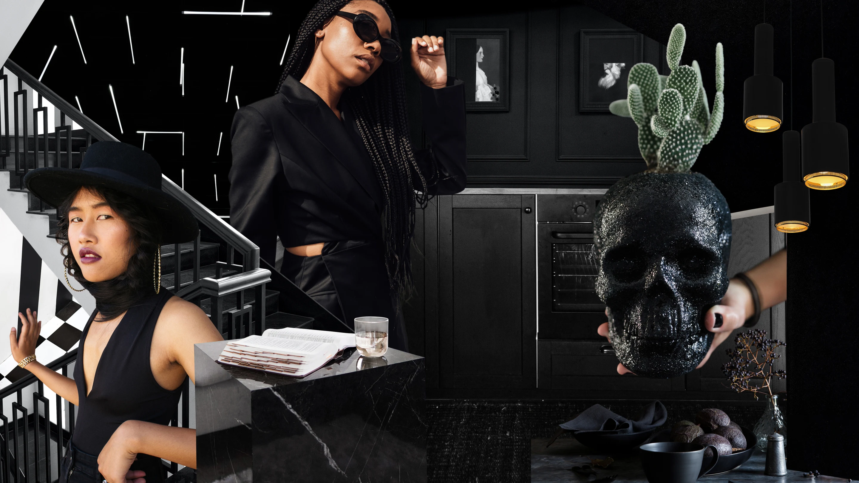Collage of black items. Black and white staircase at left. Black marble cube with a book and glass of water on top. Black woman wearing black clothes and black glasses. A hand with black nail polish holding a back skull-shaped planter. East Asian in a black hat, dress and scarf. Hanging black lamps.
