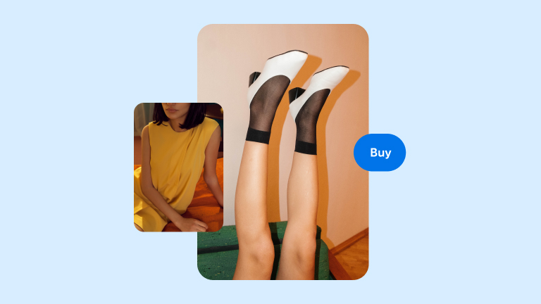 Two Pins on a light blue background, one showing a woman in a yellow dress with the other featuring a pair of inverted legs in white and black shoes with a ‘Buy’ button placed on the right.