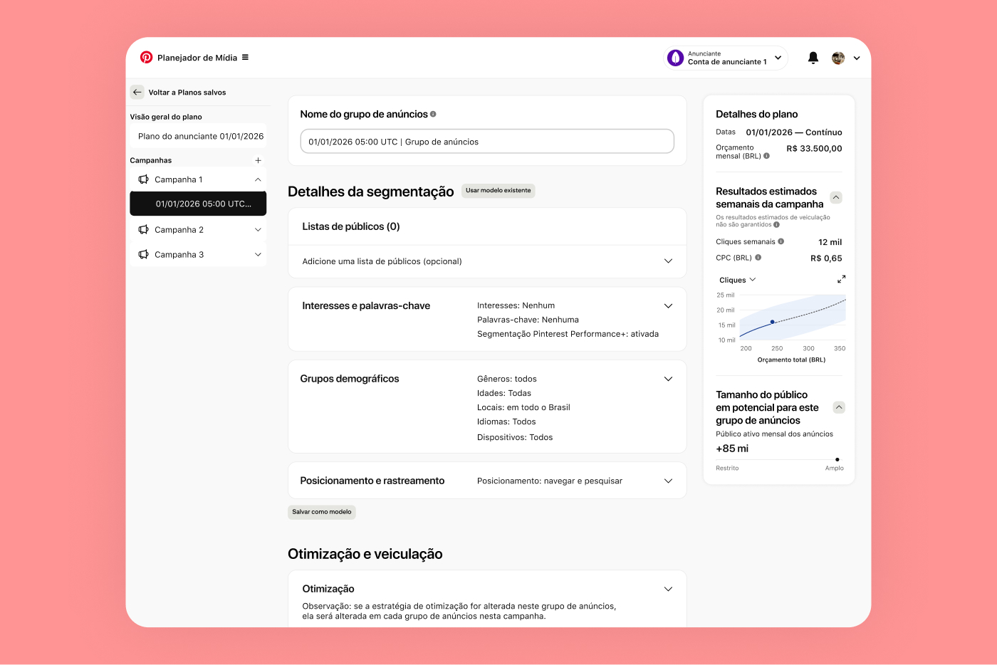 Captura de tela do Planejador de Mídia do Pinterest mostra dados de segmentação, estimativas de resultados e mais. 