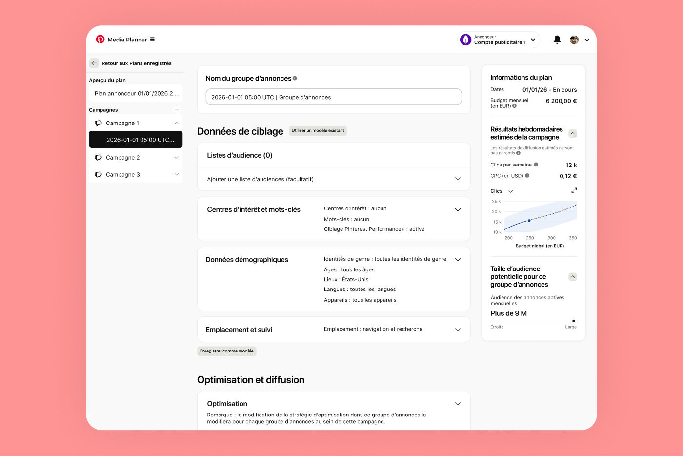 Capture d’écran du Planificateur de médias de Pinterest affichant les données de ciblage, les résultats estimés et bien plus encore. 