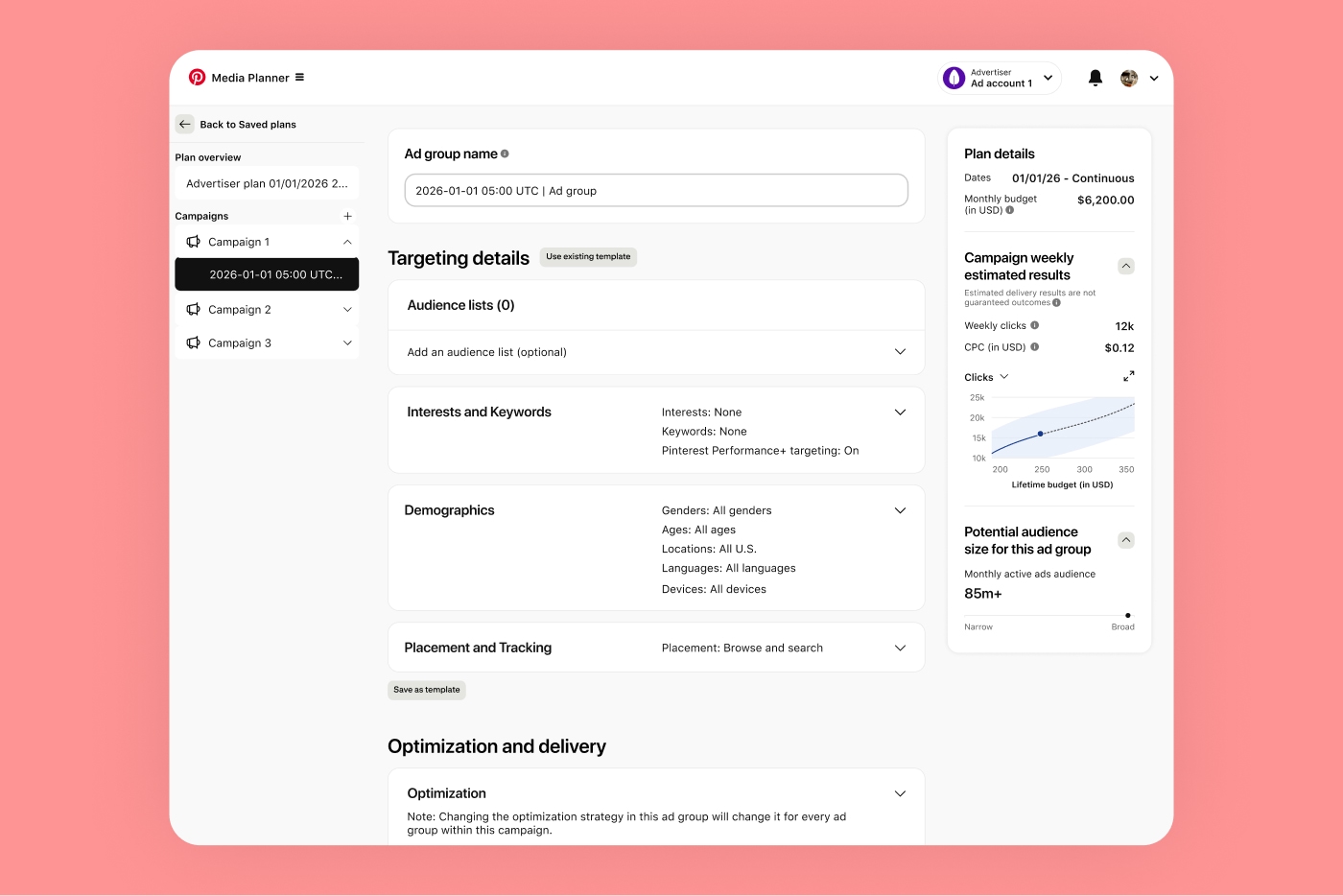 A screenshot of the Media Planner displays targeting details, estimated results and more. 