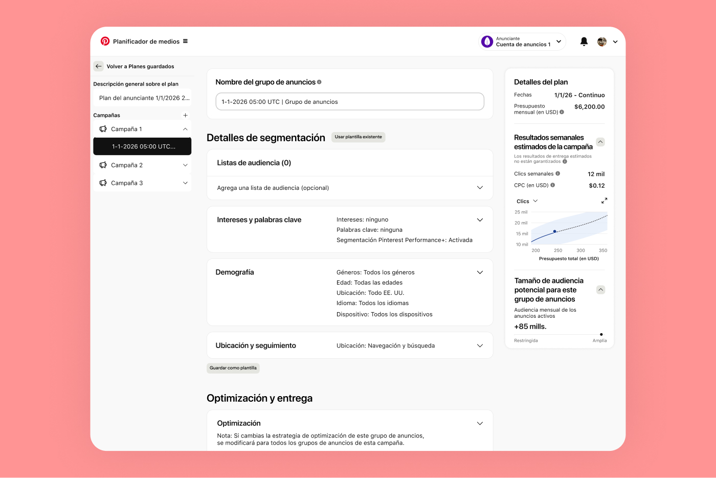 Una captura de pantalla de Pinterest Media Planner en la que se muestran detalles de segmentación, resultados estimados y mucho más. 