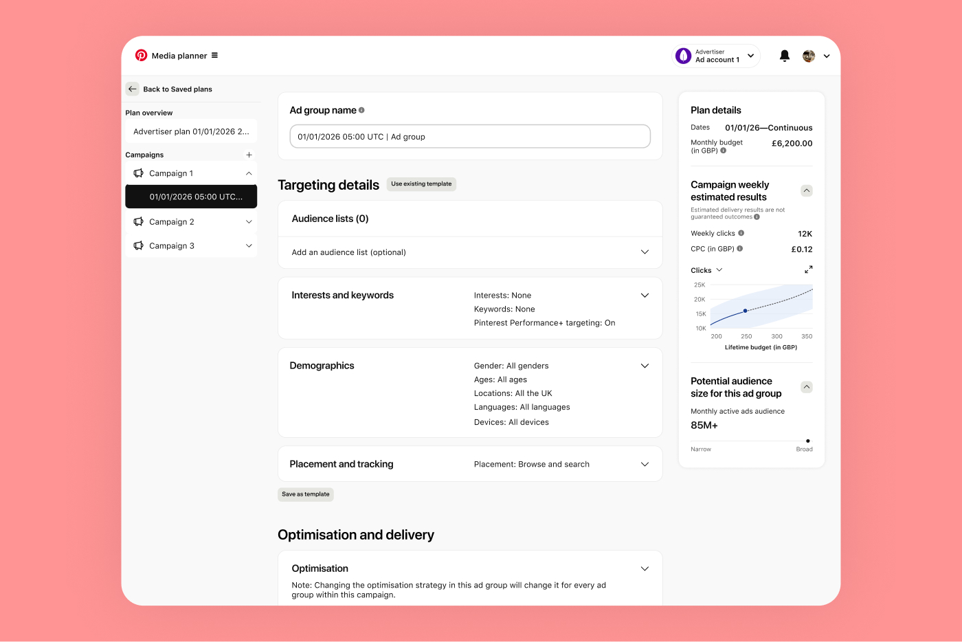 A screenshot of the Media Planner displays targeting details, estimated results and more. 