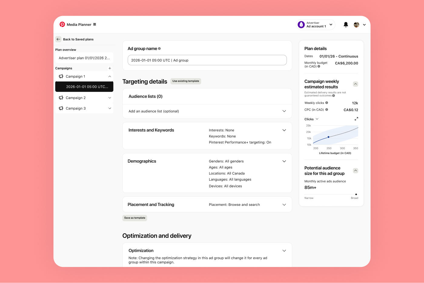 A screenshot of the Media Planner displays targeting details, estimated results and more. 