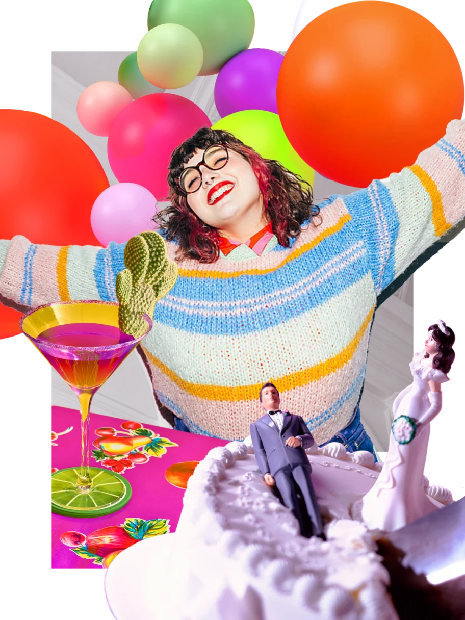 White woman at center smiles and holds out her arms. Martini on a multicolored table cloth. Cake with male and female figurines. Balloons of different bright colors at top.
