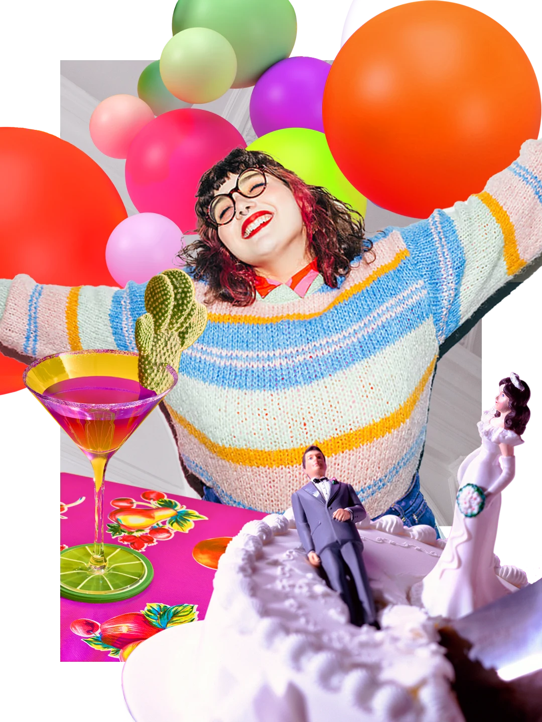 White woman at center smiles and holds out her arms. Martini on a multicolored table cloth. Cake with male and female figurines. Balloons of different bright colors at top.
